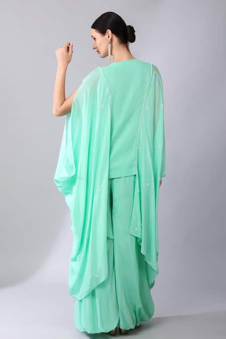Keith Gomes_Green Silk Organza Wildflora Embellished Cowl Sleeves Tunic With Palazzo _Online_at_Aza_Fashions