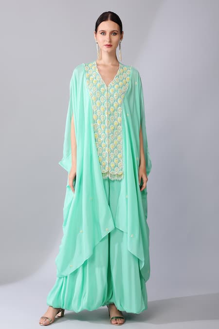 Buy_Keith Gomes_Green Silk Organza Wildflora Embellished Cowl Sleeves Tunic With Palazzo _Online_at_Aza_Fashions