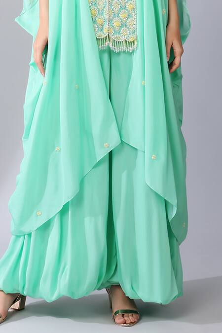 Shop_Keith Gomes_Green Silk Organza Wildflora Embellished Cowl Sleeves Tunic With Palazzo _Online_at_Aza_Fashions
