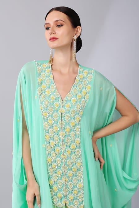 Keith Gomes_Green Silk Organza Wildflora Embellished Cowl Sleeves Tunic With Palazzo _at_Aza_Fashions