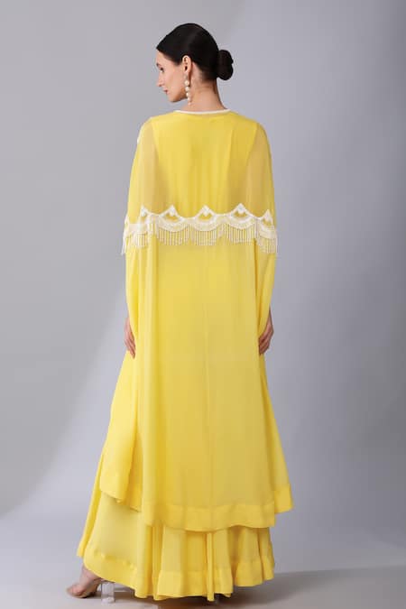 Keith Gomes Yellow Silk Organza, Linen Sequin Scallop Embellished Cape With Sharara Online at Aza Fashions Keith Gomes_Yellow Silk Organza, Linen Sequin Scallop Embellished Cape With Sharara _Online_at_Aza_Fashions