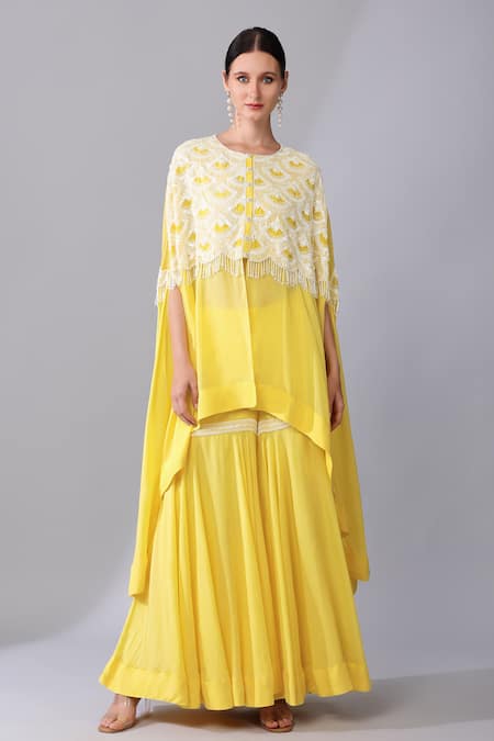 Buy Keith Gomes Yellow Silk Organza, Linen Sequin Scallop Embellished Cape With Sharara Online at Aza Fashions Buy_Keith Gomes_Yellow Silk Organza, Linen Sequin Scallop Embellished Cape With Sharara _Online_at_Aza_Fashions