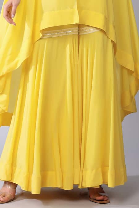 Shop Keith Gomes Yellow Silk Organza, Linen Sequin Scallop Embellished Cape With Sharara Online at Aza Fashions Shop_Keith Gomes_Yellow Silk Organza, Linen Sequin Scallop Embellished Cape With Sharara _Online_at_Aza_Fashions