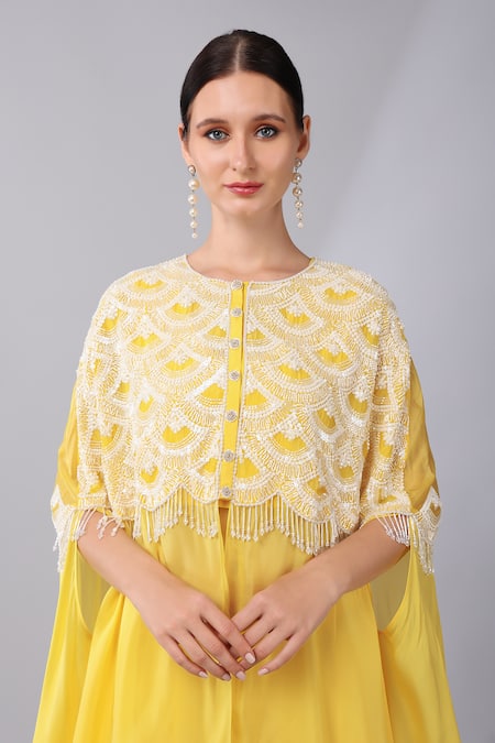 Keith Gomes Yellow Silk Organza, Linen Sequin Scallop Embellished Cape With Sharara at Aza Fashions Keith Gomes_Yellow Silk Organza, Linen Sequin Scallop Embellished Cape With Sharara _at_Aza_Fashions