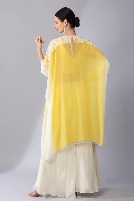Keith Gomes_Yellow Silk Organza Sequins, Misty Scallop Embellished Ombre Kaftan Palazzo Set _Online_at_Aza_Fashions