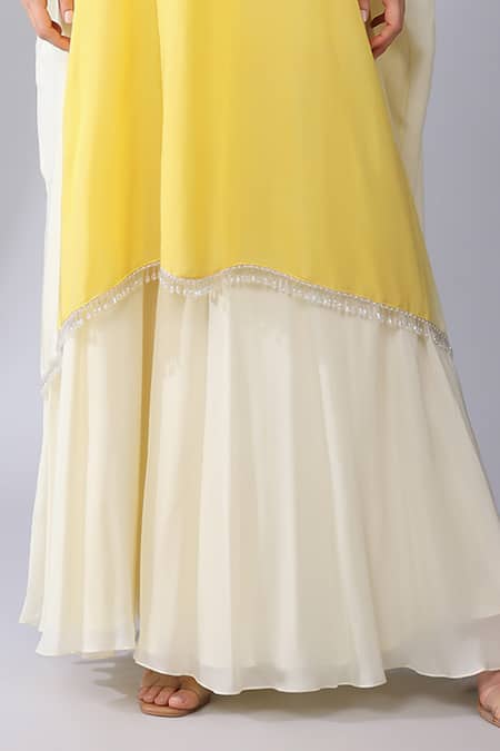 Buy_Keith Gomes_Yellow Silk Organza Sequins, Misty Scallop Embellished Ombre Kaftan Palazzo Set _Online_at_Aza_Fashions