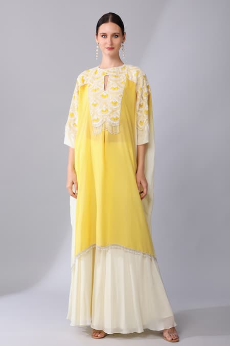 Shop_Keith Gomes_Yellow Silk Organza Sequins, Misty Scallop Embellished Ombre Kaftan Palazzo Set _Online_at_Aza_Fashions
