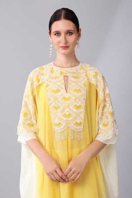 Keith Gomes_Yellow Silk Organza Sequins, Misty Scallop Embellished Ombre Kaftan Palazzo Set _at_Aza_Fashions