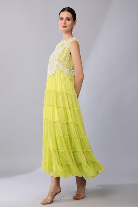 Keith Gomes_Green Silk Embroidery, Beads Round Neck Mughal Fleur Mirror Tiered Ethnic Dress _Online_at_Aza_Fashions