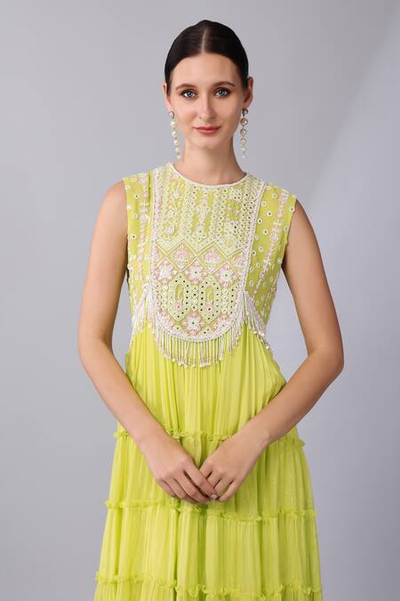 Shop_Keith Gomes_Green Silk Embroidery, Beads Round Neck Mughal Fleur Mirror Tiered Ethnic Dress _Online_at_Aza_Fashions