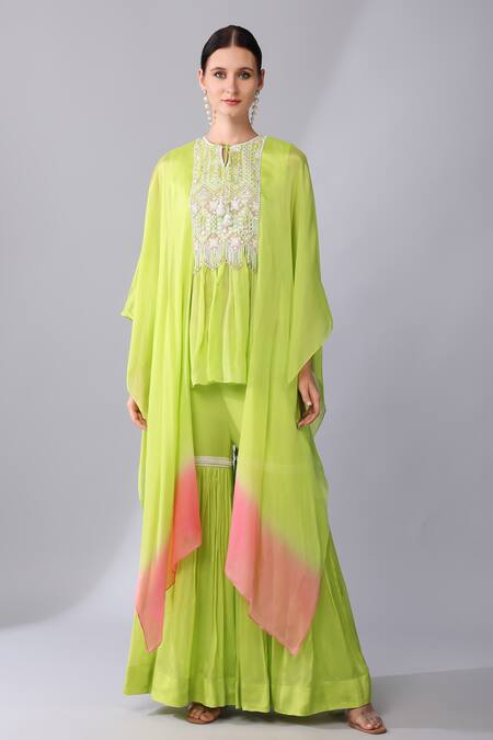 Keith Gomes_Green Linen, Chiffon Embroidery, Beads, French Fleur Yoke Tunic With Sharara _Online_at_Aza_Fashions