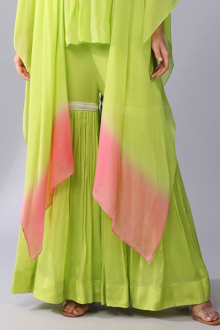 Buy_Keith Gomes_Green Linen, Chiffon Embroidery, Beads, French Fleur Yoke Tunic With Sharara _Online_at_Aza_Fashions