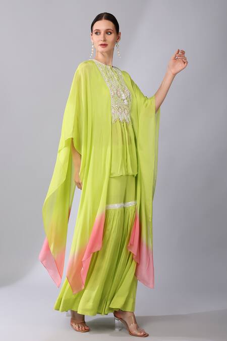 Shop_Keith Gomes_Green Linen, Chiffon Embroidery, Beads, French Fleur Yoke Tunic With Sharara _Online_at_Aza_Fashions