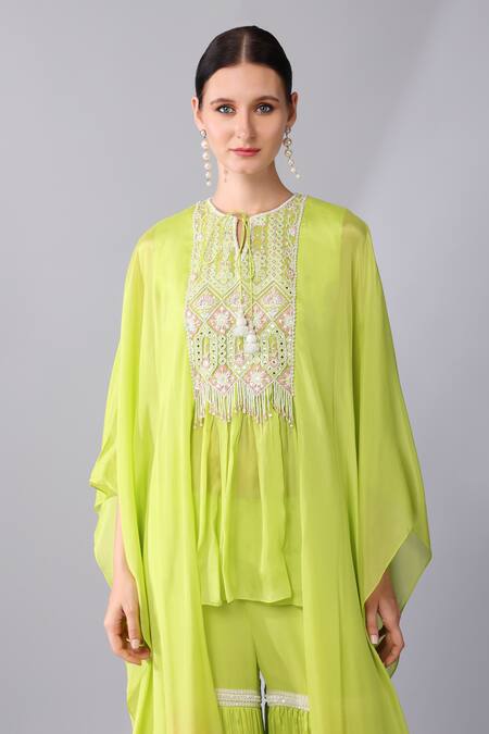 Keith Gomes_Green Linen, Chiffon Embroidery, Beads, French Fleur Yoke Tunic With Sharara _at_Aza_Fashions
