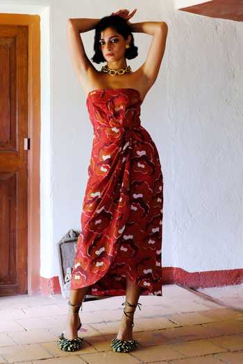 Shop Jodi Red Silk Embroidery Off-shoulder Gul Off Printed Midi Dress at Aza Fashions Shop_Jodi_Red Silk Embroidery Off-shoulder Gul Off Printed Midi Dress_at_Aza_Fashions