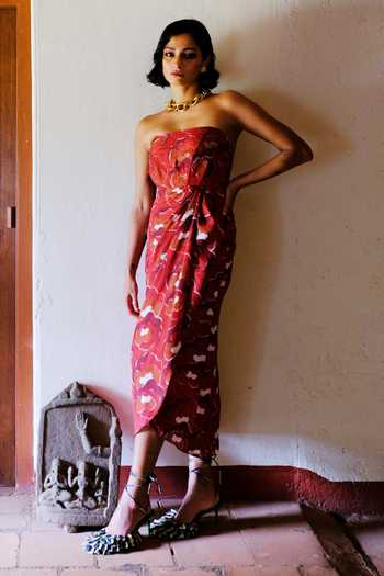 Jodi Red Silk Embroidery Off-shoulder Gul Off Printed Midi Dress Online at Aza Fashions Jodi_Red Silk Embroidery Off-shoulder Gul Off Printed Midi Dress_Online_at_Aza_Fashions