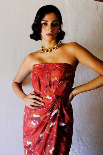 Buy Jodi Red Silk Embroidery Off-shoulder Gul Off Printed Midi Dress Online at Aza Fashions Buy_Jodi_Red Silk Embroidery Off-shoulder Gul Off Printed Midi Dress_Online_at_Aza_Fashions