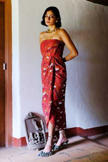 Shop Jodi Red Silk Embroidery Off-shoulder Gul Off Printed Midi Dress Online at Aza Fashions Shop_Jodi_Red Silk Embroidery Off-shoulder Gul Off Printed Midi Dress_Online_at_Aza_Fashions