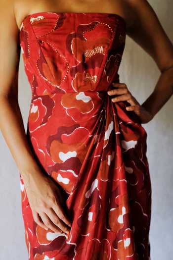 Jodi Red Silk Embroidery Off-shoulder Gul Off Printed Midi Dress at Aza Fashions Jodi_Red Silk Embroidery Off-shoulder Gul Off Printed Midi Dress_at_Aza_Fashions
