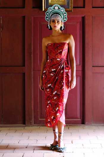 Buy Jodi Red Silk Embroidery Off-shoulder Gul Off Printed Midi Dress Buy_Jodi_Red Silk Embroidery Off-shoulder Gul Off Printed Midi Dress
