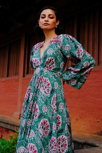 Buy Blue Silk Sequins, Beads, Embroidery V-neck Jind Printed Maxi Dress For  Women by Jodi Online at Aza Fashions.