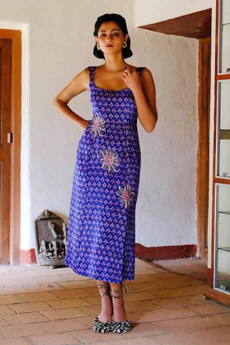 Jodi_Blue Silk, Cotton Beads, Sequins, Embroidery Square Nur Hand Block Print Dress _Online_at_Aza_Fashions