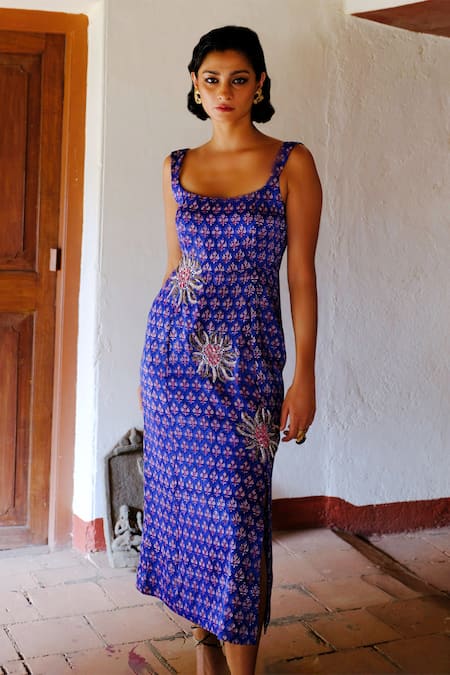 Buy_Jodi_Blue Silk, Cotton Beads, Sequins, Embroidery Square Nur Hand Block Print Dress _Online_at_Aza_Fashions