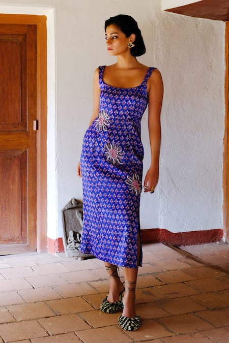 Shop_Jodi_Blue Silk, Cotton Beads, Sequins, Embroidery Square Nur Hand Block Print Dress _Online_at_Aza_Fashions