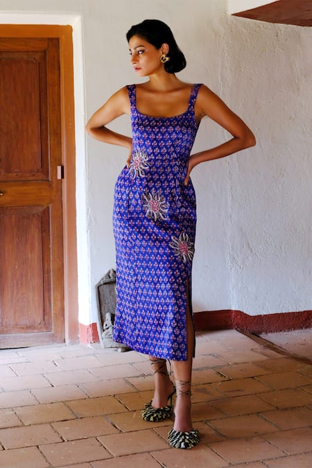 Jodi_Blue Silk, Cotton Beads, Sequins, Embroidery Square Nur Hand Block Print Dress _at_Aza_Fashions