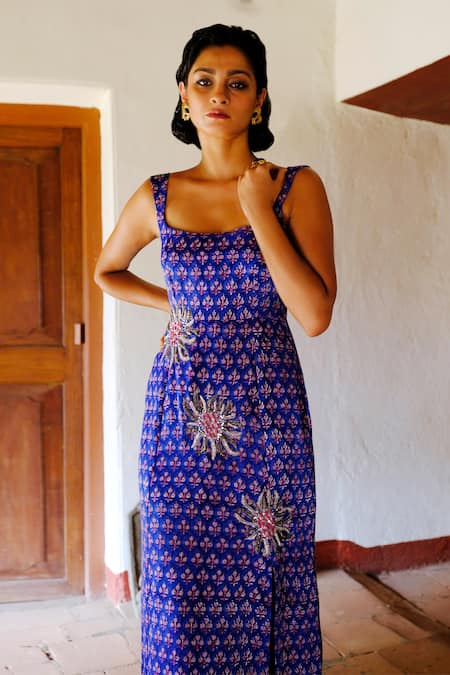 Buy_Jodi_Blue Silk, Cotton Beads, Sequins, Embroidery Square Nur Hand Block Print Dress 