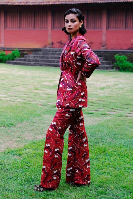 Buy_Jodi_Red Silk Embroidery, Sequins, Salima Hand Block Print Blazer And Trouser Set _Online_at_Aza_Fashions