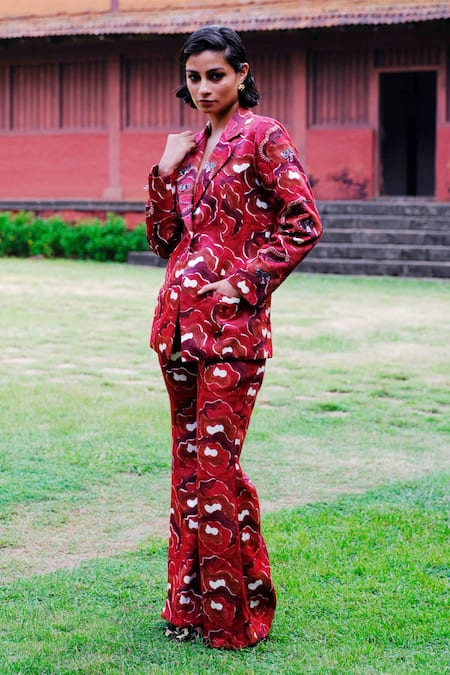 Shop_Jodi_Red Silk Embroidery, Sequins, Salima Hand Block Print Blazer And Trouser Set _Online_at_Aza_Fashions