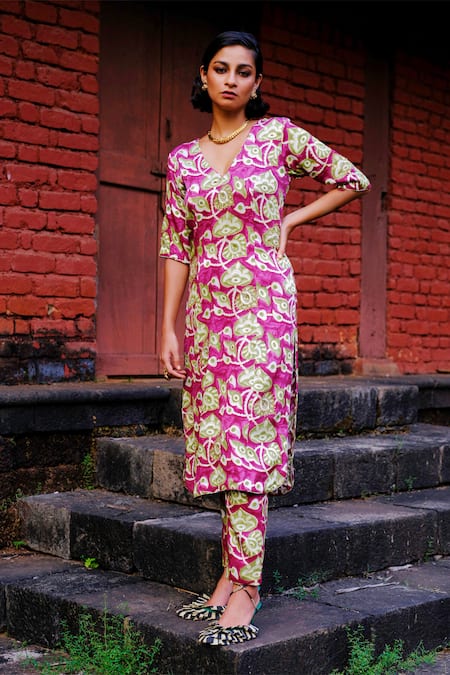 Jodi Wine Mashru Silk Printed Sequin Velu Embroidered Kurta And Trouser Set 