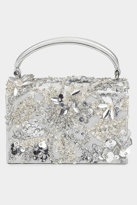 Shop_Aanchal Sayal_Silver Embroidery Candice Embellished Clutch_at_Aza_Fashions
