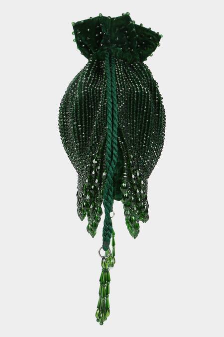 Aanchal Sayal_Emerald Green Crystal Ivy Tassel Embroidered Potli_Online_at_Aza_Fashions