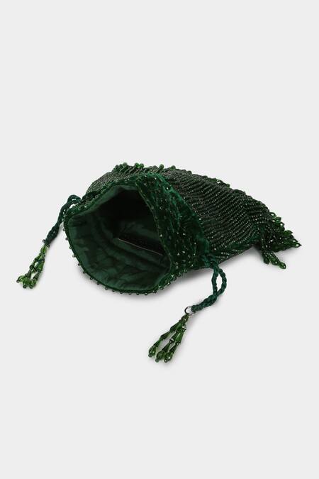 Buy_Aanchal Sayal_Emerald Green Crystal Ivy Tassel Embroidered Potli_Online_at_Aza_Fashions
