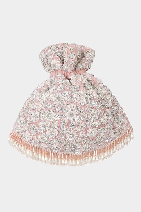 Shop Aanchal Sayal Pink Beads, Sequins, Crystals Alice Velvet Floral Embroidered Potli Bag at Aza Fashions Shop_Aanchal Sayal_Pink Beads, Sequins, Crystals Alice Velvet Floral Embroidered Potli Bag_at_Aza_Fashions