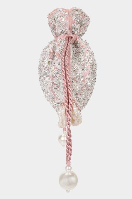 Aanchal Sayal Pink Beads, Sequins, Crystals Alice Velvet Floral Embroidered Potli Bag Online at Aza Fashions Aanchal Sayal_Pink Beads, Sequins, Crystals Alice Velvet Floral Embroidered Potli Bag_Online_at_Aza_Fashions