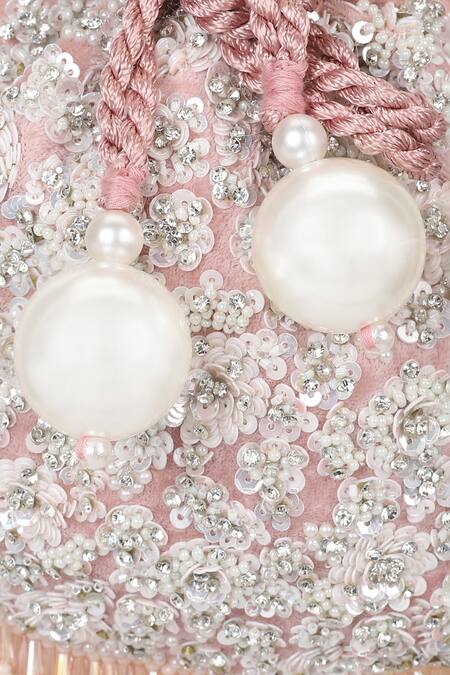 Shop Aanchal Sayal Pink Beads, Sequins, Crystals Alice Velvet Floral Embroidered Potli Bag Online at Aza Fashions Shop_Aanchal Sayal_Pink Beads, Sequins, Crystals Alice Velvet Floral Embroidered Potli Bag_Online_at_Aza_Fashions