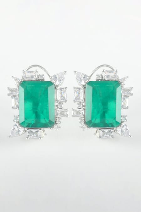 Shop Zaza By Somya Green Stones Royal Highness Stud Earrings at Aza Fashions Shop_Zaza By Somya_Green Stones Royal Highness Stud Earrings _at_Aza_Fashions