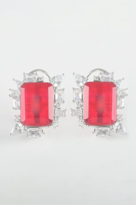 Shop Zaza By Somya Red Stones, Diamonds Ruby Royal Highness Stud Earrings at Aza Fashions Shop_Zaza By Somya_Red Stones, Diamonds Ruby Royal Highness Stud Earrings _at_Aza_Fashions