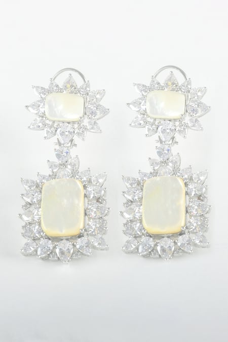 Shop Zaza By Somya White Pearls, Crystals Dutch Royal Mother Of Dangler Earrings at Aza Fashions Shop_Zaza By Somya_White Pearls, Crystals Dutch Royal Mother Of Dangler Earrings _at_Aza_Fashions