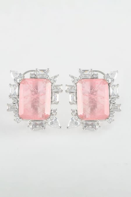 Shop Zaza By Somya Pink Stones Geometric Royal Highness Stud Earrings at Aza Fashions Shop_Zaza By Somya_Pink Stones Geometric Royal Highness Stud Earrings _at_Aza_Fashions