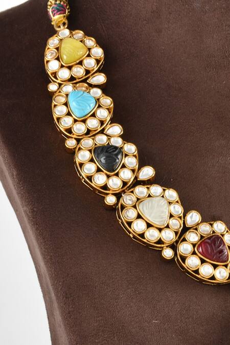 Zaza By Somya_Multi Color Stones Royalness Navratna Necklace Set _Online_at_Aza_Fashions