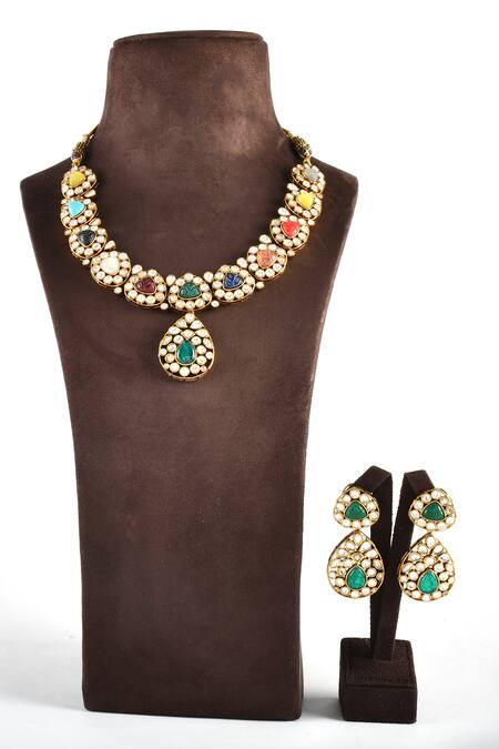 Shop_Zaza By Somya_Multi Color Stones Royalness Navratna Necklace Set _Online_at_Aza_Fashions