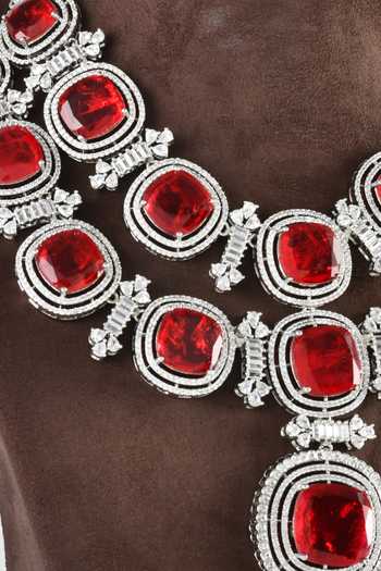 Zaza By Somya Red Stones Royal Queen Zircon Hand Embellished Necklace Set Online at Aza Fashions Zaza By Somya_Red Stones Royal Queen Zircon Hand Embellished Necklace Set _Online_at_Aza_Fashions