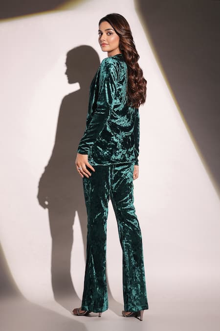Shop B'Infinite Emerald Green Velvet Sequins Round Neck Blazer Trouser Set at Aza Fashions Shop_B'Infinite_Emerald Green Velvet Sequins Round Neck Blazer Trouser Set _at_Aza_Fashions
