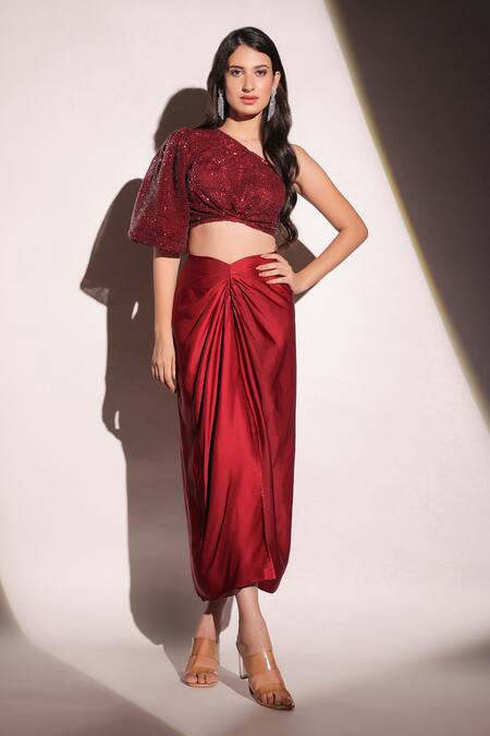 B'Infinite Red Lycra Sequins Vermillion Veil Dazzling Woven Top And Draped Skirt Set Online at Aza Fashions B'Infinite_Red Lycra Sequins Vermillion Veil Dazzling Woven Top And Draped Skirt Set_Online_at_Aza_Fashions