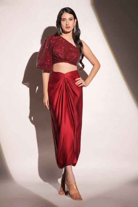 Shop B'Infinite Red Lycra Sequins Vermillion Veil Dazzling Woven Top And Draped Skirt Set Online at Aza Fashions Shop_B'Infinite_Red Lycra Sequins Vermillion Veil Dazzling Woven Top And Draped Skirt Set_Online_at_Aza_Fashions
