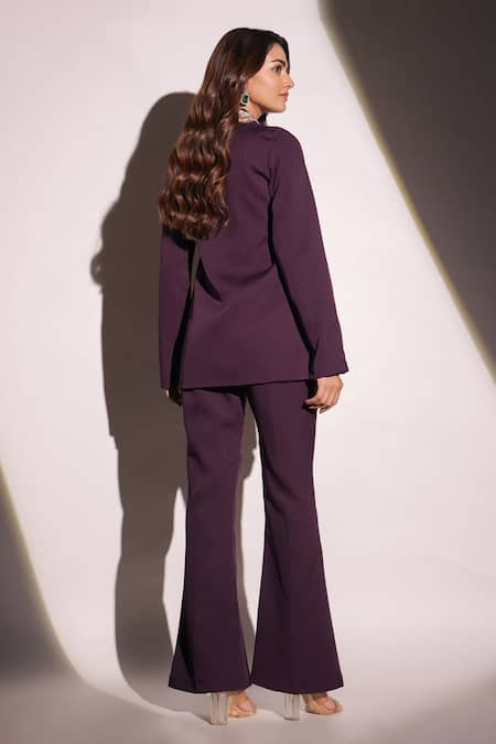 Shop_B'Infinite_Purple Crepe Crystals, Cut Work Royal Amethyst Blazer And Trouser Set_at_Aza_Fashions